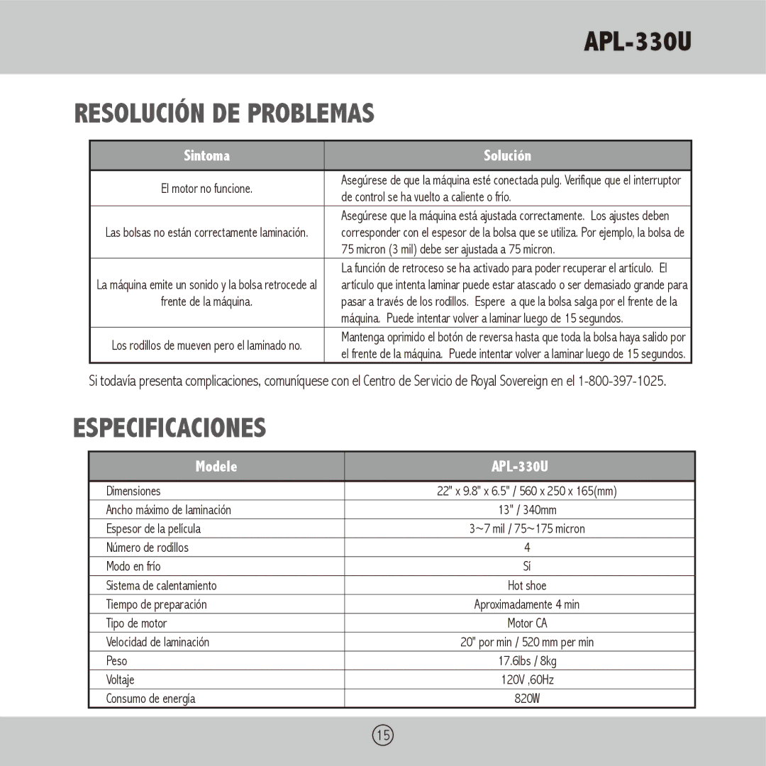 Royal Sovereign APL-330U owner manual Resolución DE Problemas, Especificaciones 