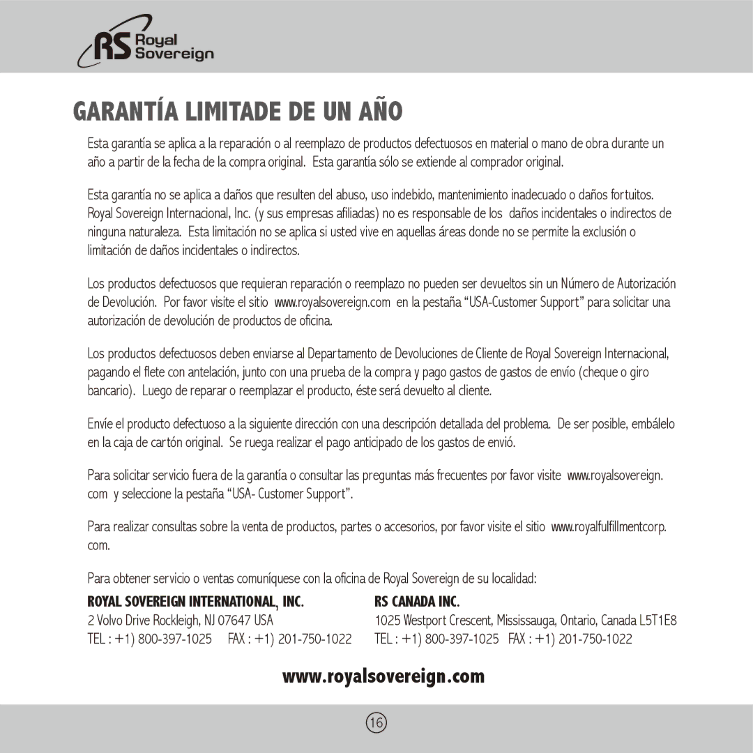 Royal Sovereign APL-330U owner manual Garantía Limitade DE UN AÑO 