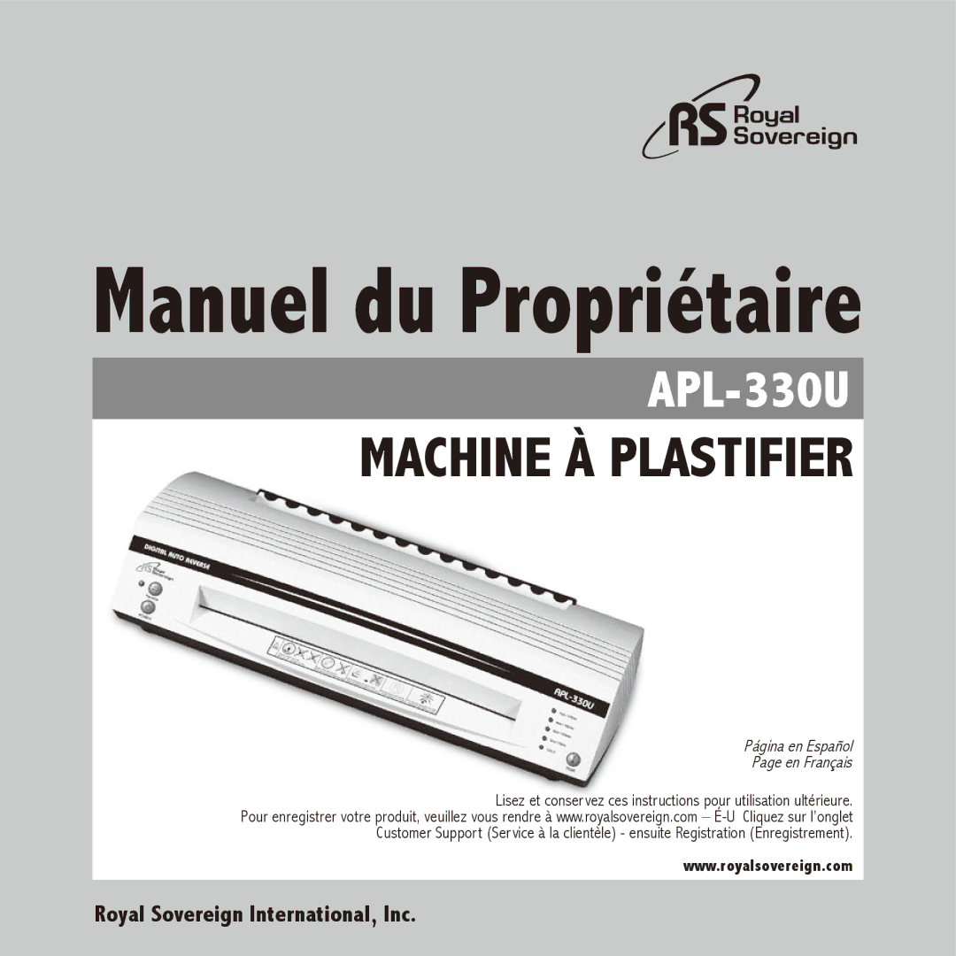 Royal Sovereign APL-330U owner manual Manuel du Propriétaire 