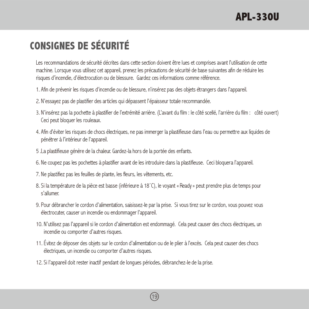 Royal Sovereign APL-330U owner manual Consignes DE Sécurité 