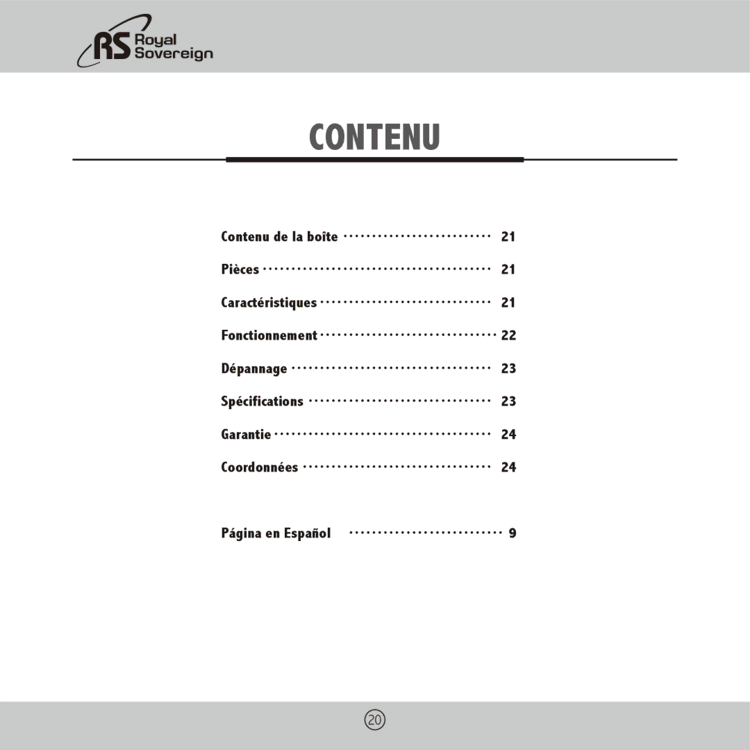 Royal Sovereign APL-330U owner manual Contenu 