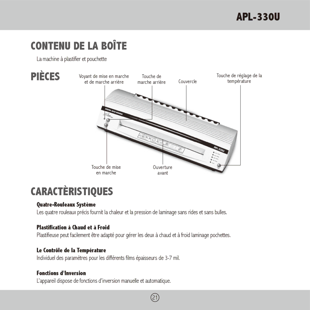 Royal Sovereign APL-330U owner manual Contenu DE LA Boîte, Pièces, Caractèristiques 