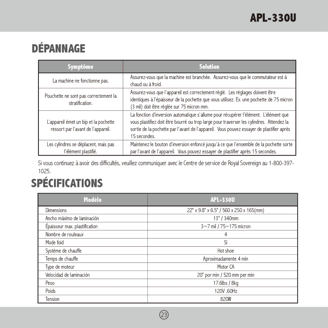 Royal Sovereign APL-330U owner manual Dépannage, Symptôme Solution 