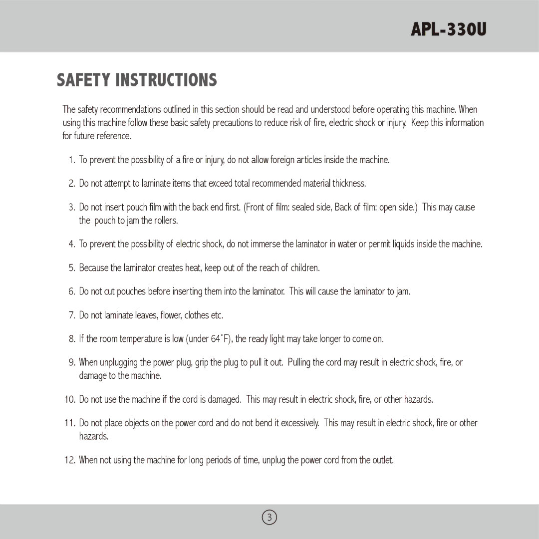 Royal Sovereign APL-330U owner manual Safety instructions 