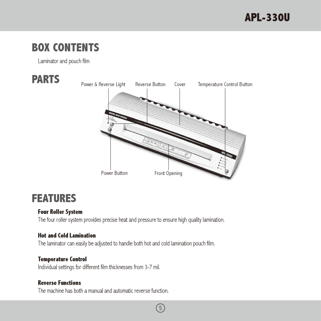 Royal Sovereign APL-330U owner manual BOX Contents, Parts, Features 