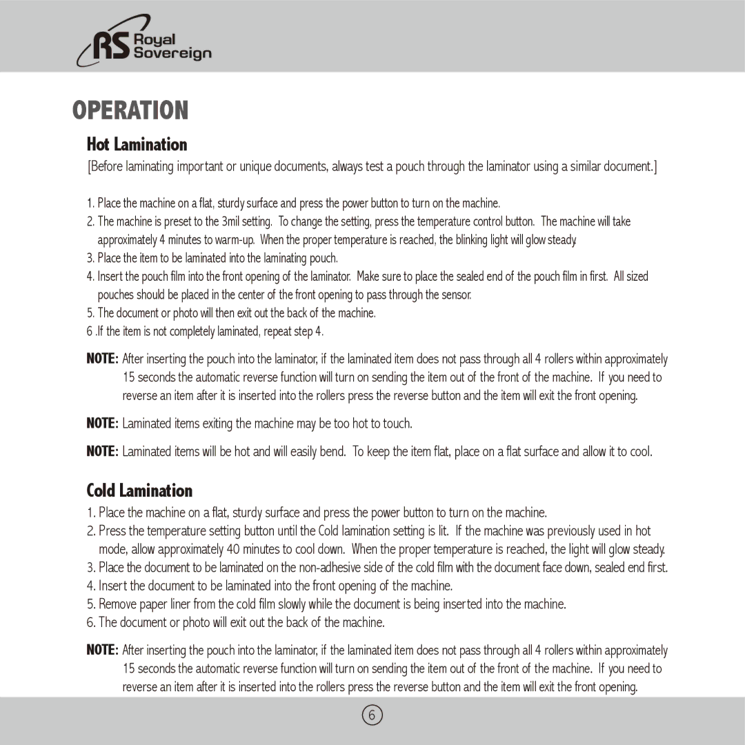 Royal Sovereign APL-330U owner manual Operation, Hot Lamination 