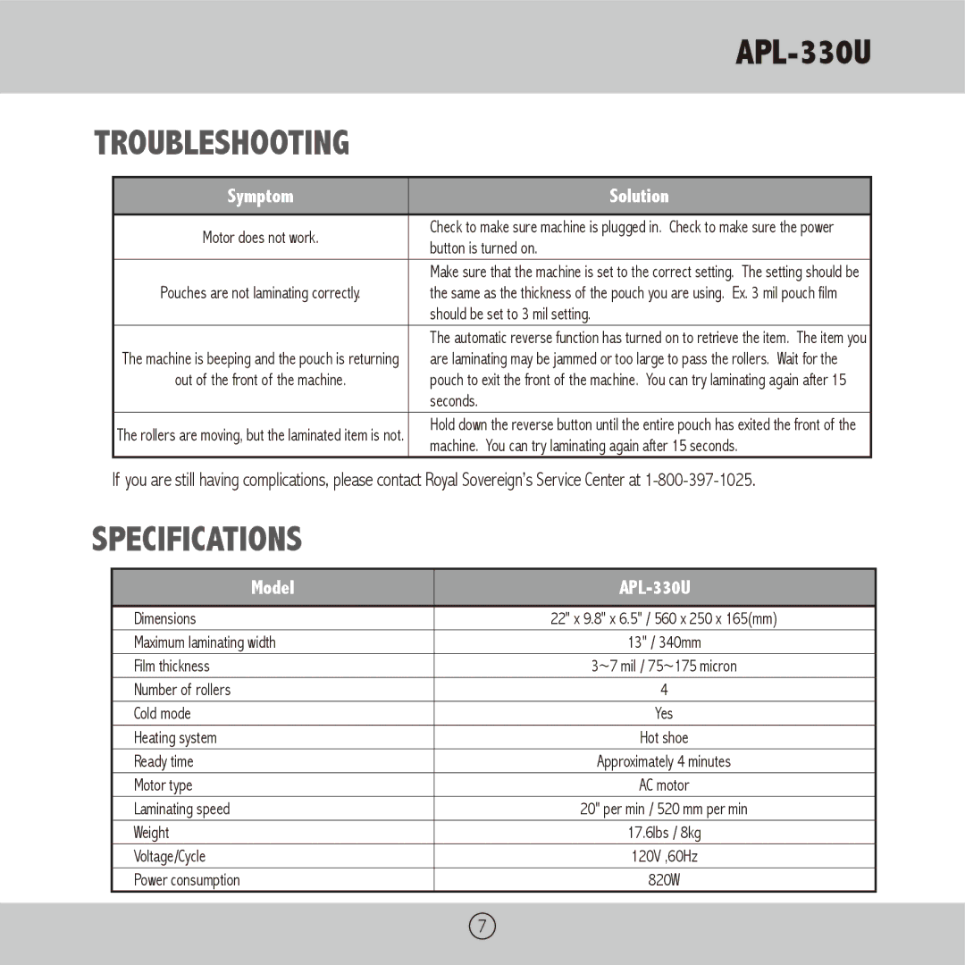 Royal Sovereign APL-330U owner manual Troubleshooting, Specifications 