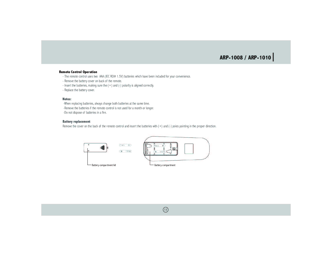 Royal Sovereign ARP- 1008 owner manual Remote Control Operation, Battery replacement 