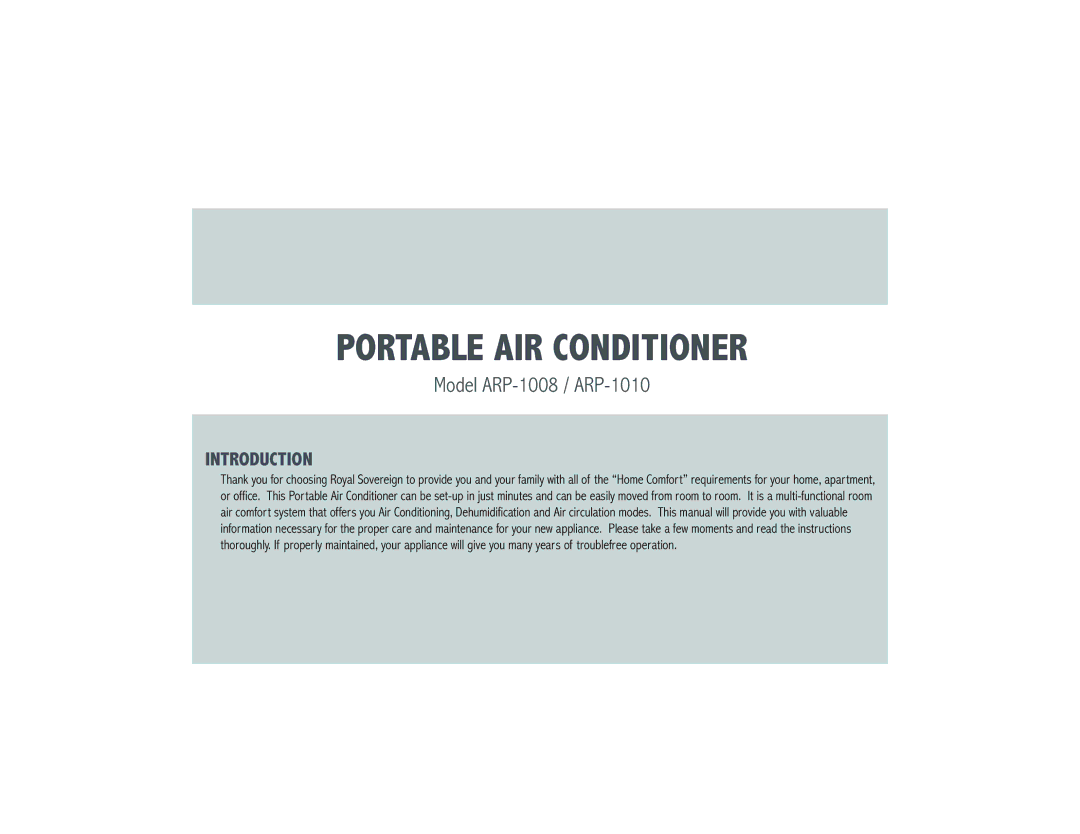 Royal Sovereign ARP- 1008 owner manual Portable AIR Conditioner 