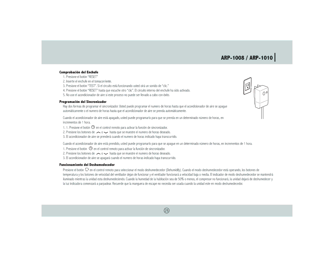 Royal Sovereign ARP- 1008 Comprobación del Enchufe, Programación del Sincronizador, Funcionamiento del Deshumedecedor 