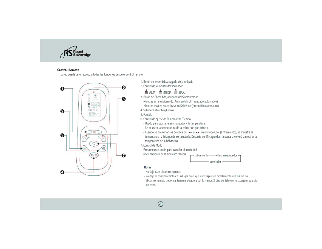 Royal Sovereign ARP- 1008 owner manual Control Remoto, Alta Media Baja 