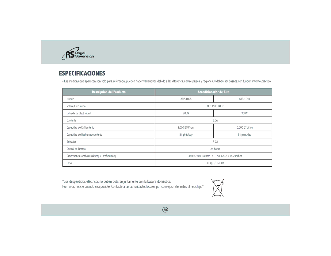 Royal Sovereign ARP- 1008 owner manual Especificaciones, Descripción del Producto Acondicionador de Aire 