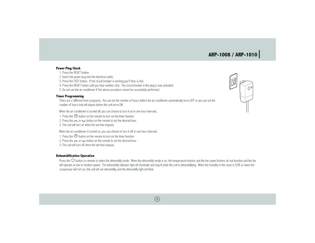 Royal Sovereign ARP- 1008 owner manual Power Plug Check, Timer Programming, Dehumidification Operation 