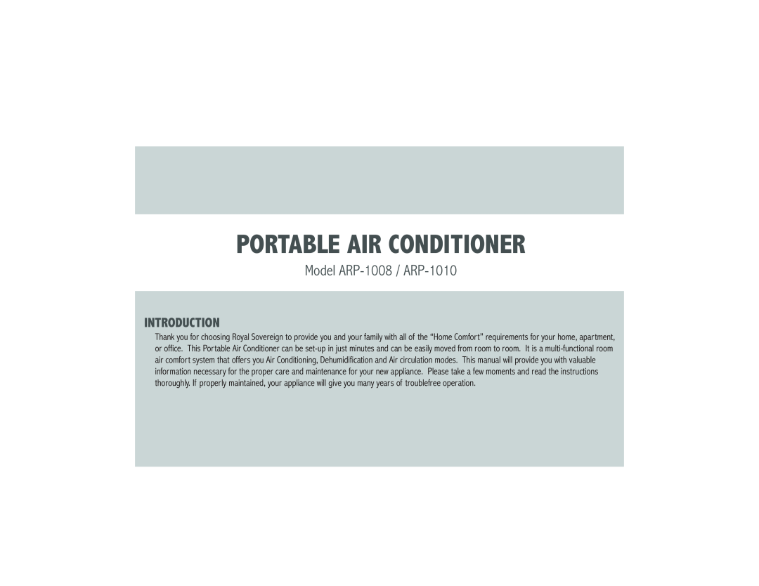 Royal Sovereign ARP- 1008 owner manual Portable Air Conditioner, Model ARP-1008 / ARP-1010, Introduction 