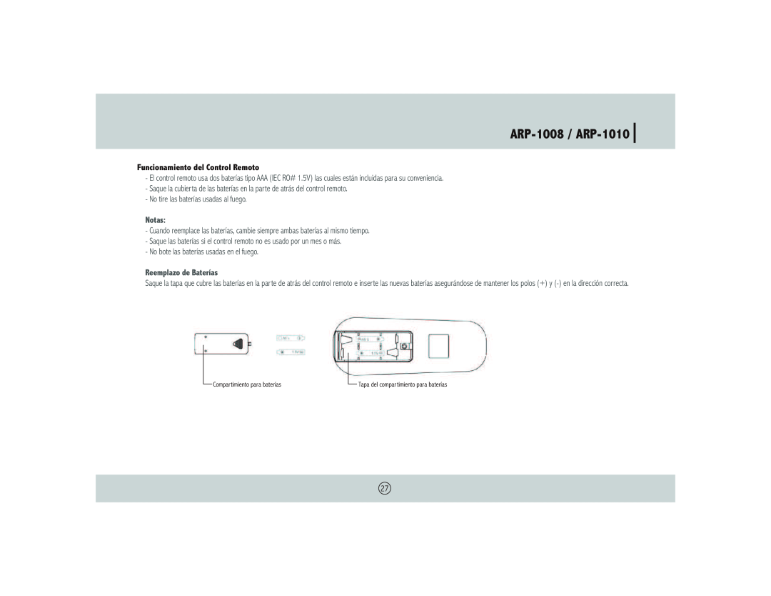 Royal Sovereign ARP- 1008 owner manual ARP-1008 / ARP-1010, Funcionamiento del Control Remoto, Notas, Reemplazo de Baterías 