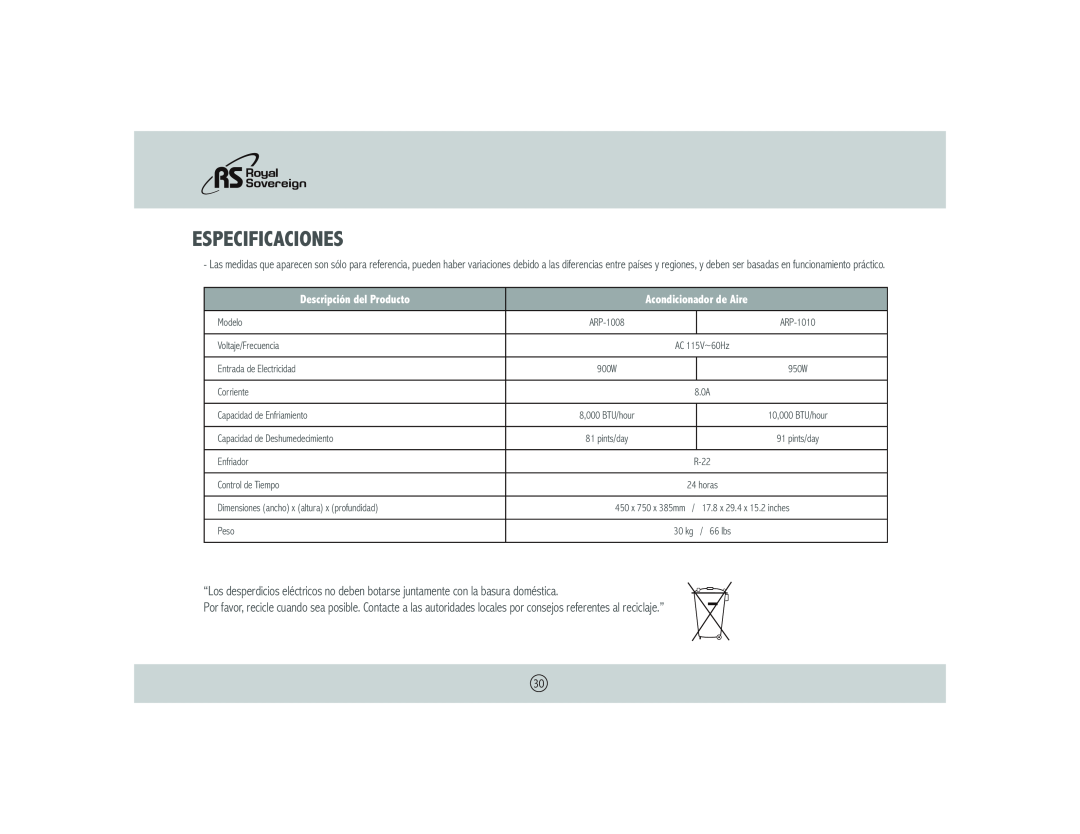 Royal Sovereign ARP- 1008 owner manual Especificaciones, Descripción del Producto, Acondicionador de Aire 