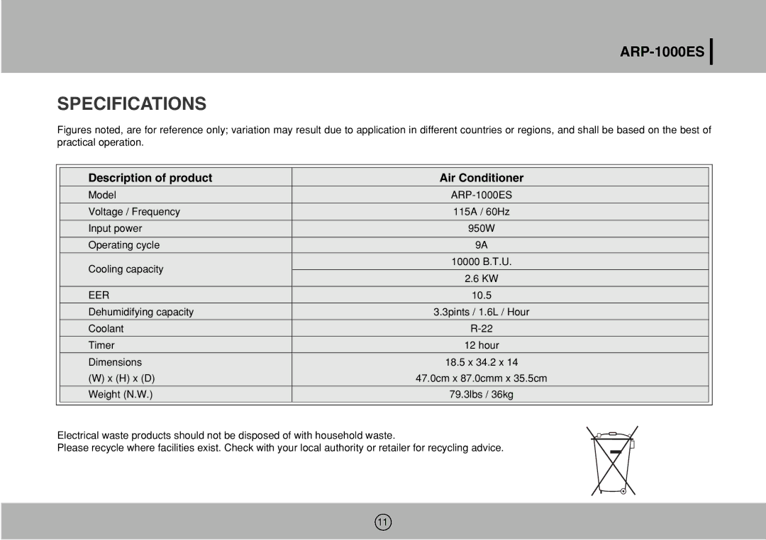 Royal Sovereign ARP-1000ES owner manual Specifications, Description of product Air Conditioner 