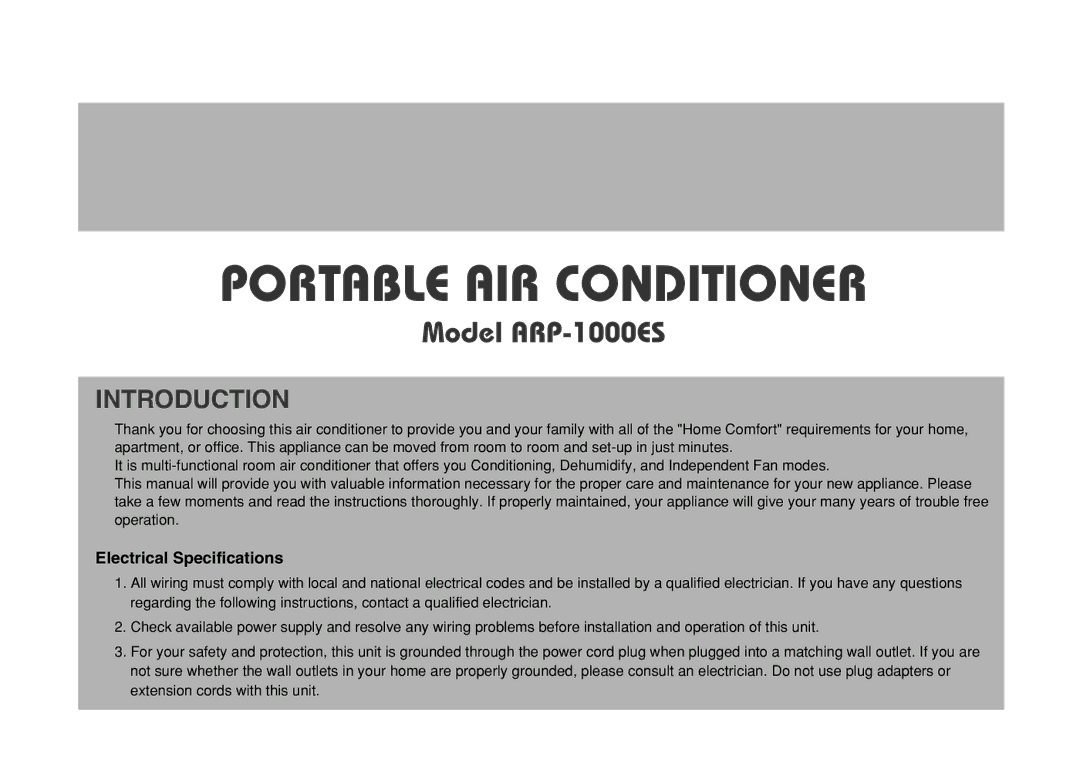 Royal Sovereign ARP-1000ES owner manual Introduction, Electrical Specifications 