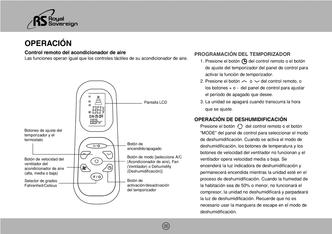 Royal Sovereign ARP-1000ES owner manual Control remoto del acondicionador de aire, Operación DE Deshumidificación 