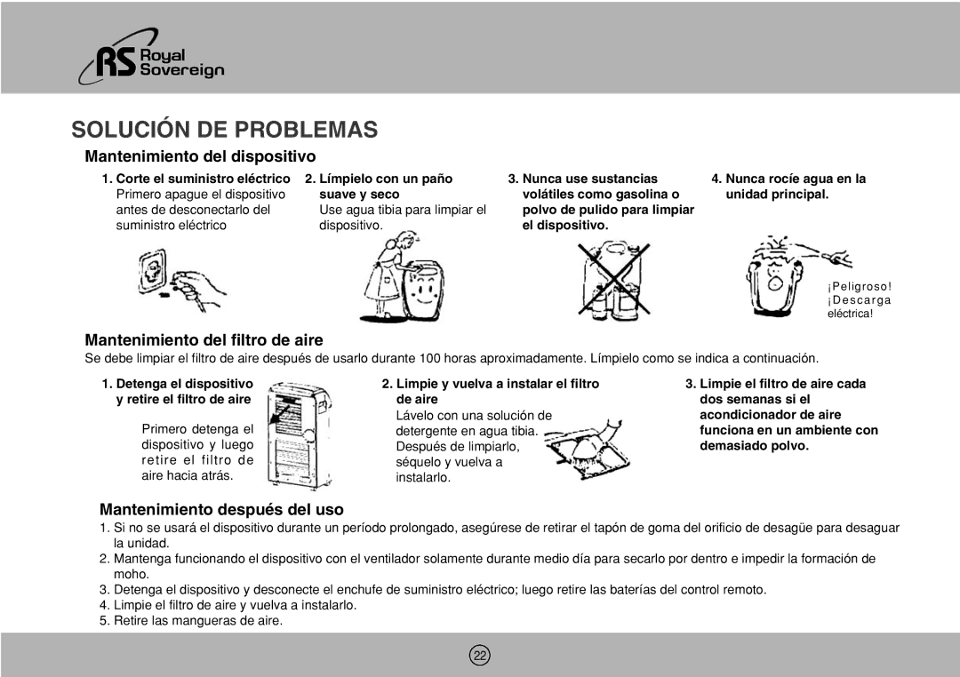 Royal Sovereign ARP-1000ES owner manual Mantenimiento del dispositivo 