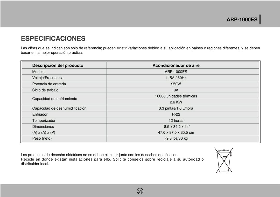 Royal Sovereign ARP-1000ES owner manual Especificaciones, Descripción del producto Acondicionador de aire 