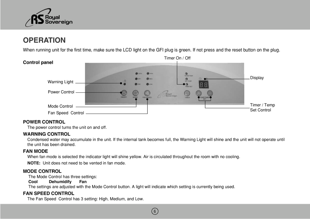 Royal Sovereign ARP-1000ES owner manual Operation, Power Control, FAN Mode, Mode Control, FAN Speed Control 