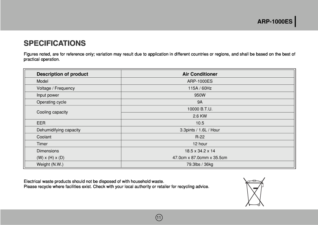 Royal Sovereign ARP-1000ES owner manual Specifications, ARPARP--1000ES1000ES, Description of product, Air Conditioner 