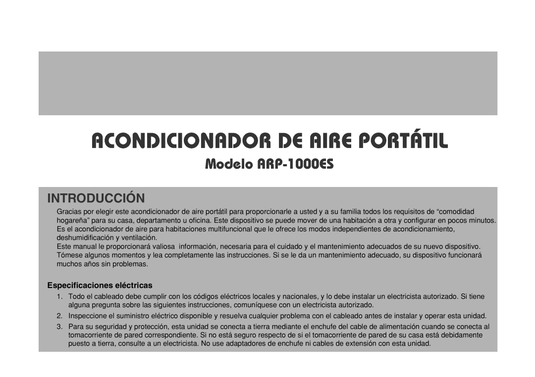 Royal Sovereign Modelo ARP-1000ES, Introducción, Especificaciones eléctricas, Acondicionador De Aire Portátil 