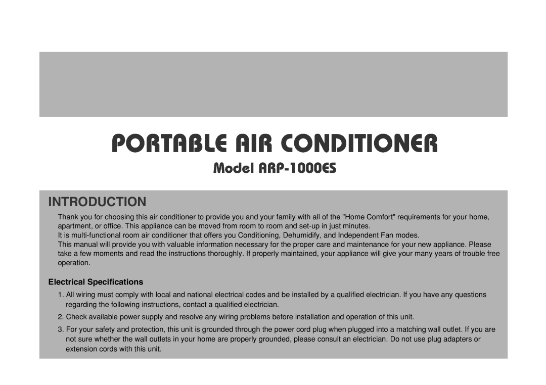 Royal Sovereign owner manual Model ARP-1000ES, Introduction, Electrical Specifications, Portable Air Conditioner 