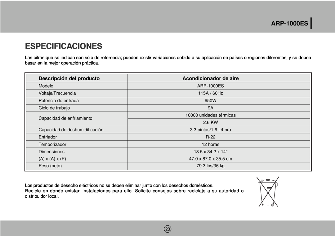 Royal Sovereign ARP-1000ES Especificaciones, Descripción del producto, Acondicionador de aire, ARPARP--1000ES1000ES 
