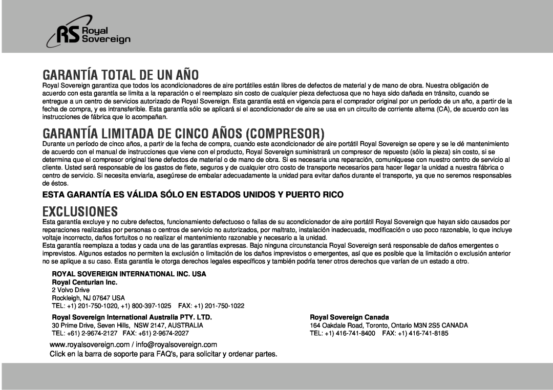 Royal Sovereign ARP-1000ES owner manual Garantía Total De Un Año, Garantía Limitada De Cinco Años Compresor, Exclusiones 