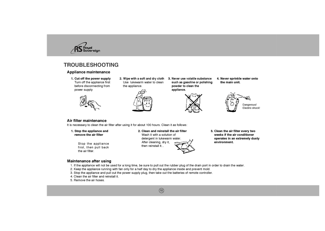 Royal Sovereign ARP-1003E owner manual Appliance maintenance, Never sprinkle water onto the main unit 