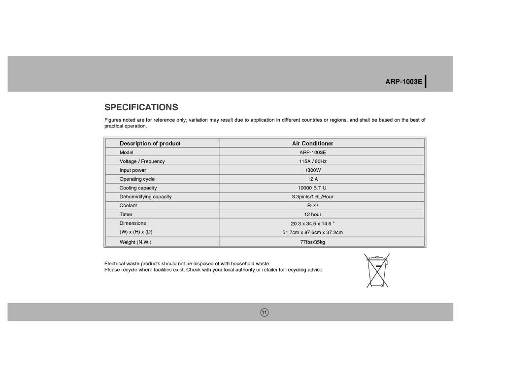 Royal Sovereign ARP-1003E owner manual Specifications, Description of product Air Conditioner 