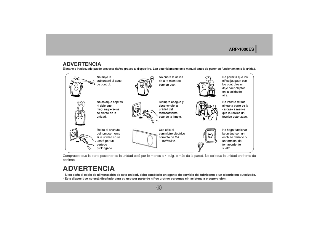 Royal Sovereign ARP-1003E owner manual Advertencia 