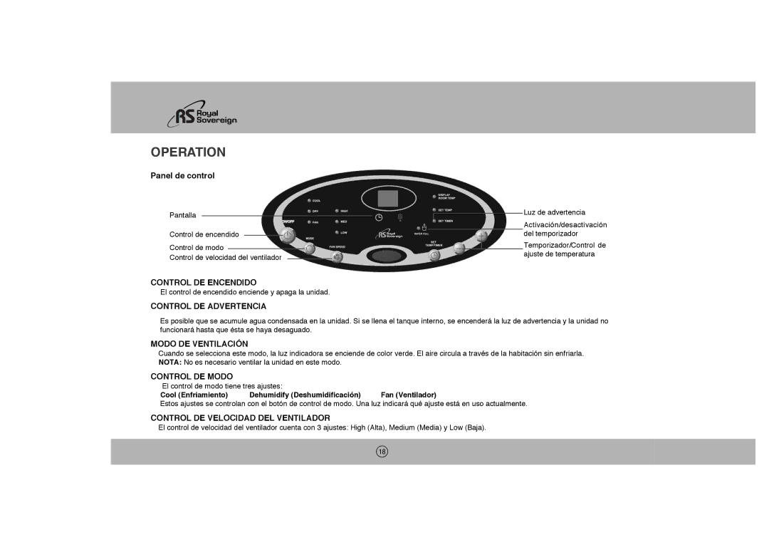 Royal Sovereign ARP-1003E owner manual Control DE Encendido, Control DE Advertencia, Modo DE Ventilación, Control DE Modo 