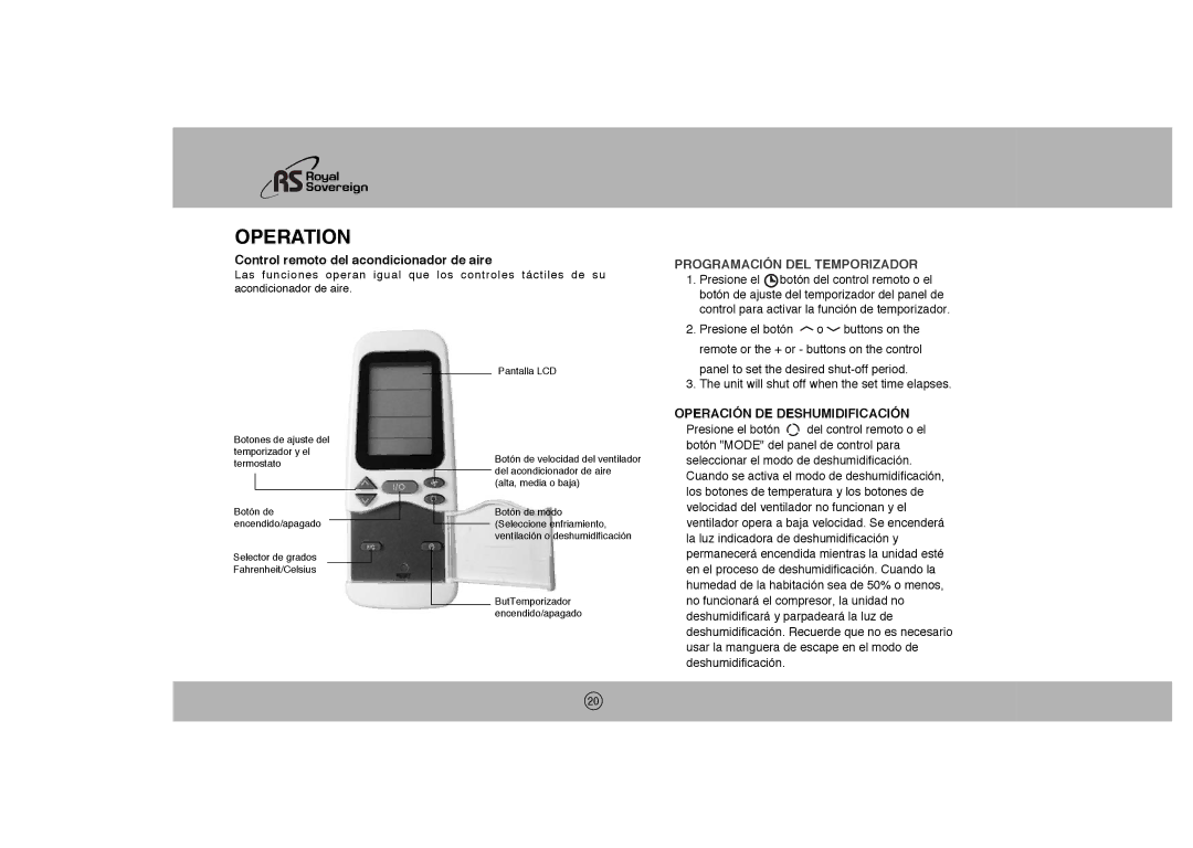 Royal Sovereign ARP-1003E owner manual Control remoto del acondicionador de aire, Operación DE Deshumidificación 