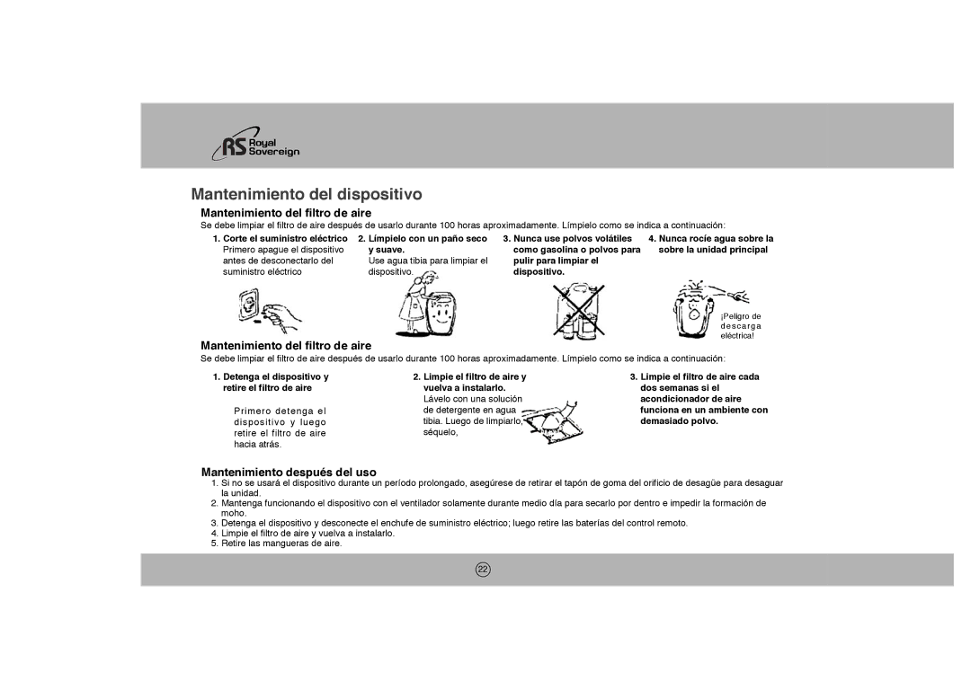 Royal Sovereign ARP-1003E Suave, Nunca use polvos volátiles, Pulir para limpiar el Dispositivo, Limpie el filtro de aire y 