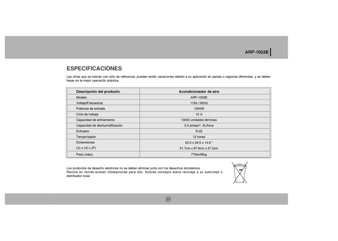 Royal Sovereign ARP-1003E owner manual Especificaciones, Descripción del producto Acondicionador de aire 