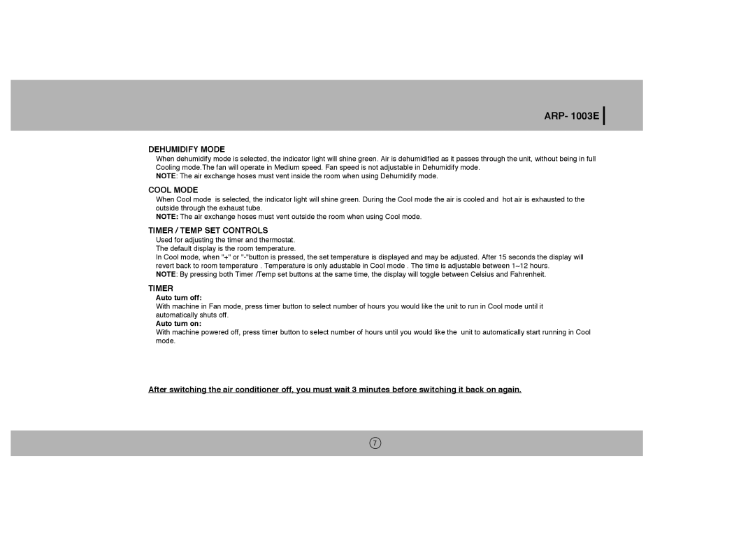 Royal Sovereign ARP-1003E owner manual Dehumidify Mode, Cool Mode, Timer / Temp SET Controls 