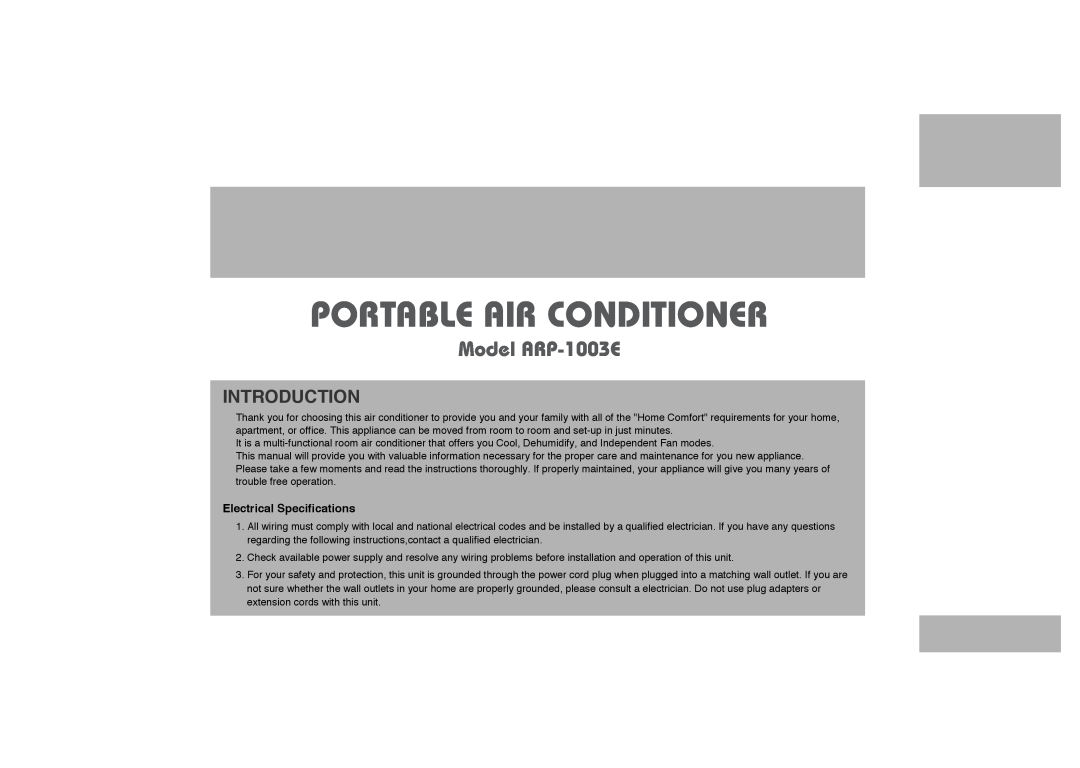 Royal Sovereign owner manual Introduction, Electrical Specifications, Portable Air Conditioner, Model ARP-1003E 