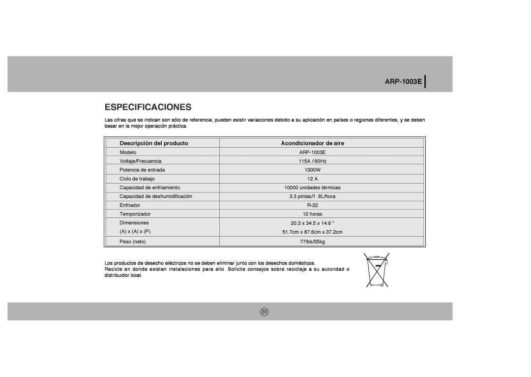 Royal Sovereign ARP-1003E Especificaciones, Descripción del producto, Acondicionador de aire, ARPARP-1000ES-1003E 