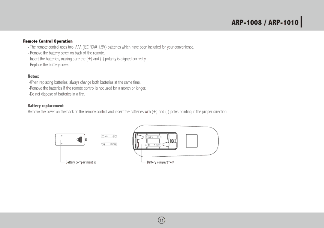 Royal Sovereign ARP-1008, ARP-1010 owner manual Remote Control Operation, Battery replacement 