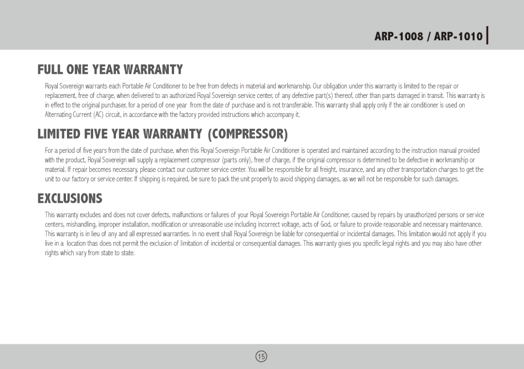 Royal Sovereign ARP-1008, ARP-1010 owner manual Full ONE Year Warranty 