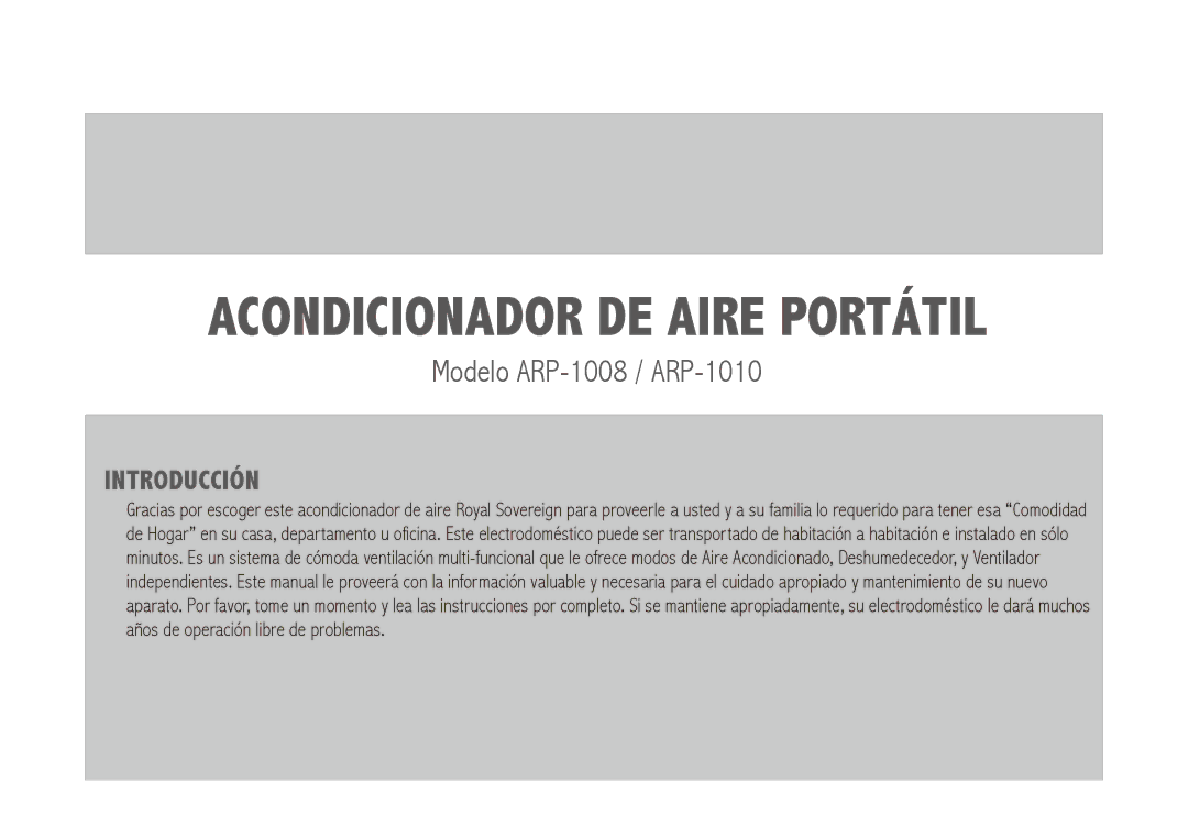 Royal Sovereign ARP-1010, ARP-1008 owner manual Acondicionador de Aire Portátil 