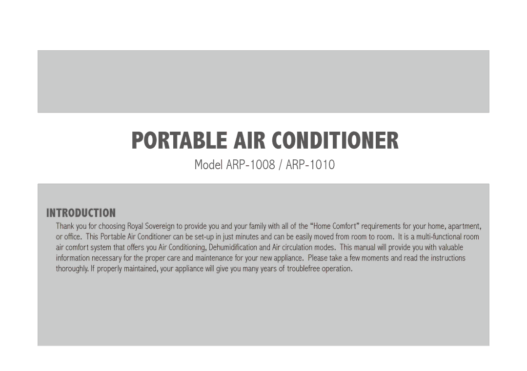 Royal Sovereign ARP-1010, ARP-1008 owner manual Portable air conditioner 