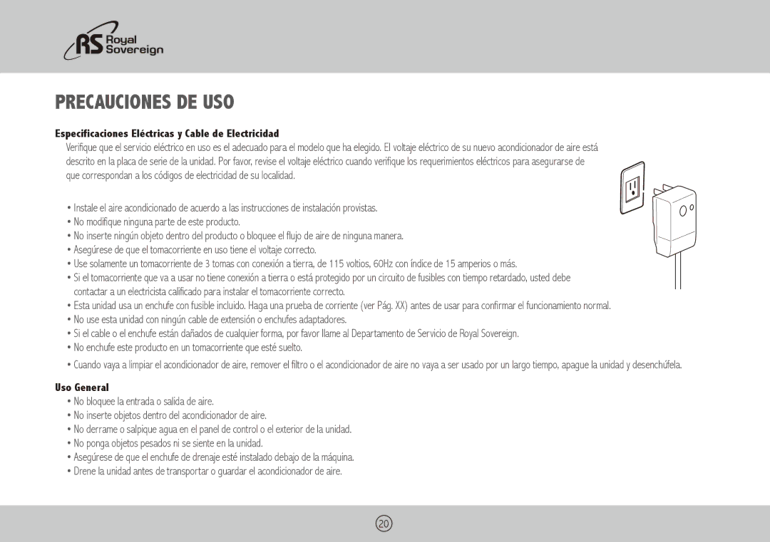 Royal Sovereign ARP-1010, ARP-1008 Precauciones de Uso, Especificaciones Eléctricas y Cable de Electricidad, Uso General 