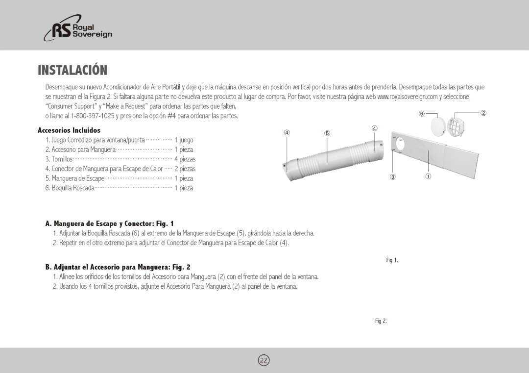 Royal Sovereign ARP-1010, ARP-1008 owner manual Instalación, Accesorios Incluidos, Pieza, Manguera de Escape y Conector Fig 