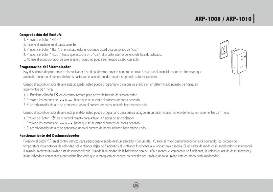 Royal Sovereign ARP-1008 Comprobación del Enchufe, Programación del Sincronizador, Funcionamiento del Deshumedecedor 