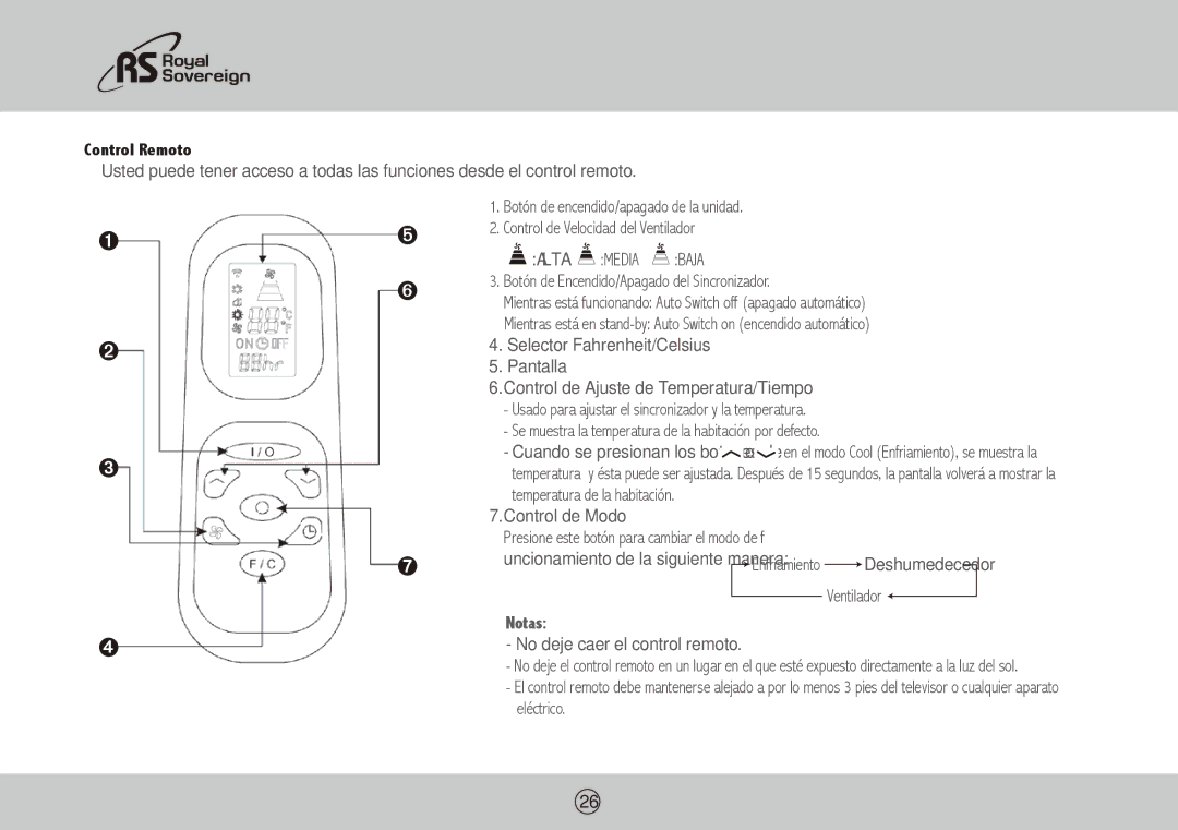 Royal Sovereign ARP-1010, ARP-1008 Control Remoto, Enfriamiento, Ventilador, Notas, No deje caer el control remoto 