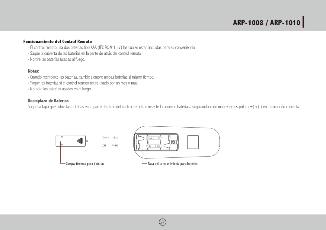 Royal Sovereign ARP-1008, ARP-1010 owner manual Funcionamiento del Control Remoto, Reemplazo de Baterías 